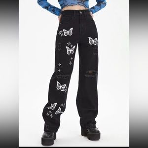 Bleach Wash Ripped Detail Butterfly Jeans